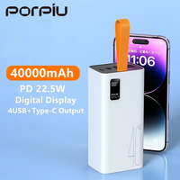 PORPIU Grande Capacité Portable 40000Mah Power Bank PD22.5W Charge Rapide 20W Sortie LED Affichage Poignée Power Banks
