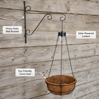 Panier suspendu éco-responsable pour plantes avec éclairage solaire, doublure en fibre de coco, chaîne et support mural en fer courbé, décoration pour la maison et le jardin