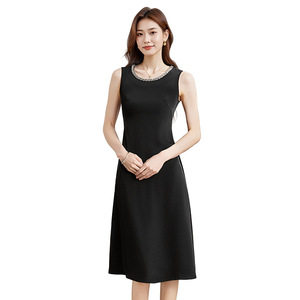 Korean Style Round Neck Sleeveless Dress Black Mid Length Slim Fit Pearl Trim Simple Design For Women - Product Image 5