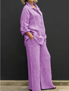 Completo <span class=keywords><strong>da</strong></span> <span class=keywords><strong>donna</strong></span> taglie forti casual con camicia ampia e pantaloni a vita alta, tinta unita con bottoni decorativi, lunghezza corta, vestibilità aderente, anti-pilling, per l'autunno - Product Image 6