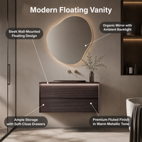 Meuble-lavabo flottant de luxe avec miroir irrégulier et éclairage LED, armoire de salle de bain en contreplaqué cannelé étanche pour hôtel et villa