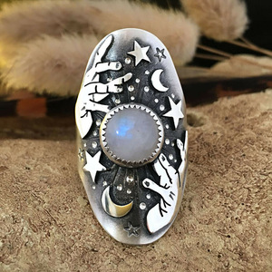 Anillo de Cóctel H183 con Piedra Lunar, Engaste de Bisel, Patrón de Constelación, Anillos de Moda Unisex, Joyería de Regalo - Product Image 2