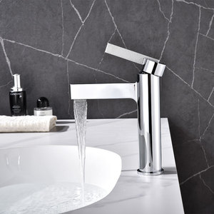 Robinet de lavabo en L à bec carré, haut, monotrou, finition chrome poli, levier plat moleté, cylindre rond, pour salle de bain - Product Image 6