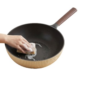 Ceramic Coated Wok Milky White 32 Cm Non-Stick Flat Bottom For Steaming Stewing Cooking With Wooden Handle - Product Image 5