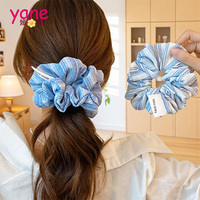 Ikat rambut biru kustom dengan label bergaris desain Nil kain poliester ikat rambut karet elastis aksesori rambut grosir