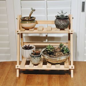 Support à fleurs pliable en bois massif, étagère de rangement en bois à double niveau pour intérieur, support de plantes succulentes sur pied pour salon - Product Image 3
