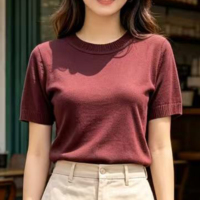 Pull classique basique d'hiver en tricot décontracté à col rond, manches courtes, couleur unie, doux, extensible, anti-rides, pour femmes, à porter tous les jours