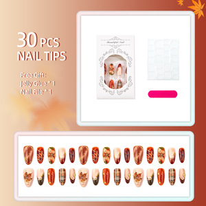 Uñas postizas de almendra para otoño/invierno, 30 piezas, con diseño 3D de flores degradadas, efecto manchado, cuadros y lámina dorada, para manicura DIY moderna. - Product Image 2