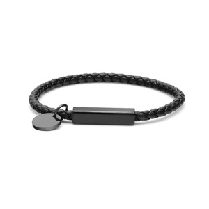 Braided Leather Bracelet with Stainless Steel Tubular Clasp & <b>Engravable</b> Laser Name Disc Charm | Personalized Unisex Jewelry - Product Image 6
