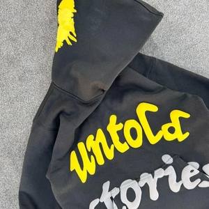 Custom Stone Acid Wash Distressed Pull Over Sudadera con capucha con logotipo personalizado para hombres Drop Shoulder Oversized 3D Puff Print Hoodies - Product Image 3