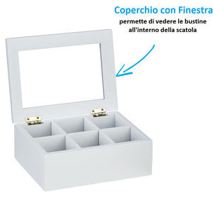 Organisateur de sachets de thé 23x17x7,5 cm, boîte en bois blanc avec 6 compartiments et fenêtre sur le couvercle - Product Image 3