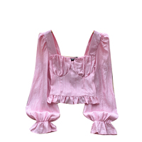 Chemise courte d'automne pour femmes avec col carré, manches lanternes et ourlet à volants pour petites silhouettes