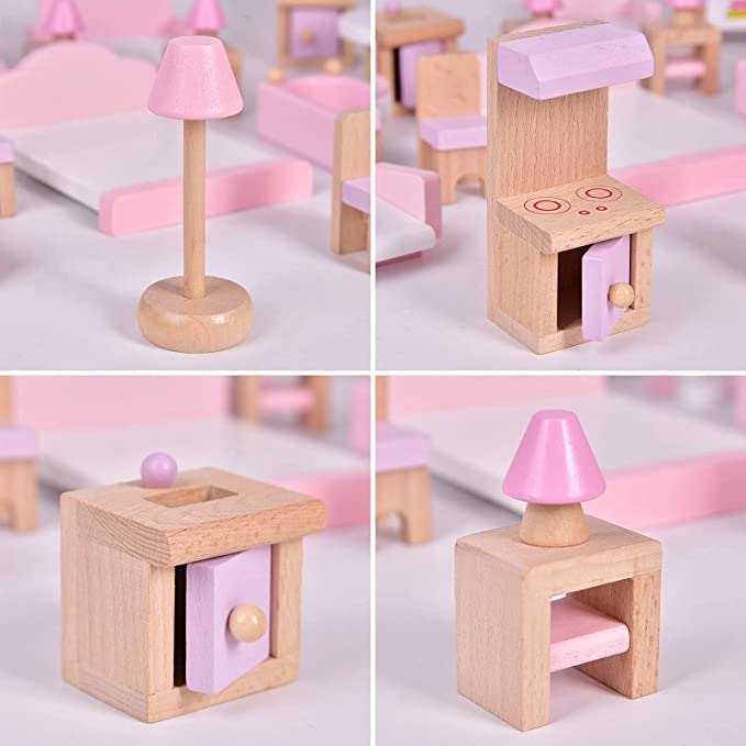 Pink Wooden Doll House Furniture