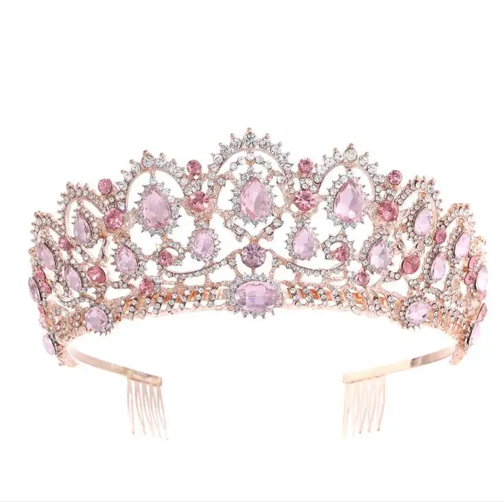 Barok Mahkota Merah Muda Tiara dan Mahkota Pengantin Berlian Imitasi Putri Tiara untuk Ulang Tahun Pernikahan Dekorasi Pesta Mandi Pengantin