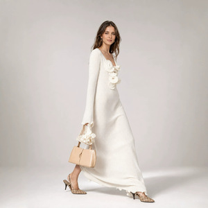 Women's Spring <b>Vintage</b> Soft Boned Polyester Fiber Floral Applique Dress Natural Back Slit Luxury Elegant Pencil Silhouette Maxi - Product Image 5