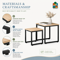 Juego de Mesas Auxiliares Cuadradas con Superficie de Madera y Estructura de Metal Negro, Dos Mesas, Mesa de Centro Minimalista para Sala de Estar