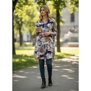 Camisa Larga Casual de Viscosa con Botones para Mujer, Tallas Grandes, Estampado Abstracto, Blusa Tipo Túnica, Tallas 46-54, Uso Diario, Hecho en Turquía - Product Image 2