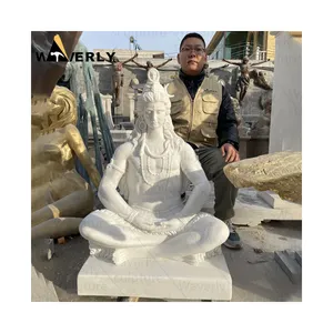 Templo de jardín al aire libre, estatua de piedra de Dios indio de escultura de Shiva, piedra de mármol blanco tallada a mano, estatua de Señor Shiva meditando
