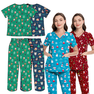 Ensembles de gommage à motifs imprimés personnalisés Haut col en V à manches courtes unisexe Uniforme de gommage imprimé médical de Noël - Product Image 2
