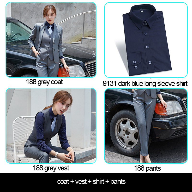 women's grey coat+pants+vest+dark blue shirt