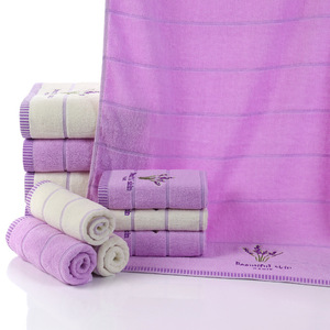 Juego de toallas de baño de algodón puro, 70x140 cm, lavanda, bordado a rayas, blanco pálido, morado, agradable para la piel, regalo para uso doméstico - Product Image 2
