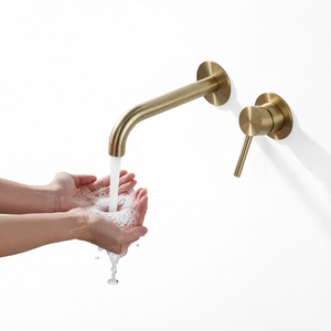 Robinet de lavabo mural encastré moderne, mitigeur monocommande en SUS304 avec cartouche céramique, finition or brossé pour salle de bain - Product Image 1