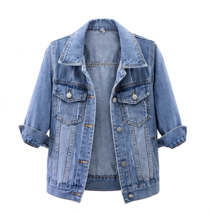 เสื้อแจ็คเก็ตยีนส์ผู้หญิง แขนสามส่วน ปกพับได้ สีพื้น ปิดด้วยกระดุม - Product Image 1