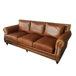Home Furniture Sofas Real Leather Luxury Antique Vintage Brown 100% Genuine Leather Sofa 3 Seat Couched Sofas For Living Room