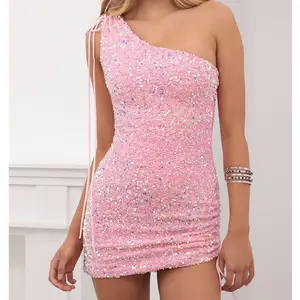 Yeni yaz Homecoming pembe Sequins günlük elbiseler seksi Mini moda bayanlar akşam elbise