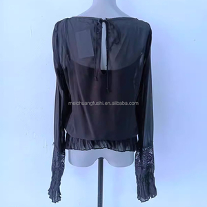 Custom Women Lace Patchwork Blouse Long Sleeve Sheer Mesh <strong>Top</strong> <strong>Shearing</strong> Smocked Waist Elegant Shirt OEM ODM - Product Image 4
