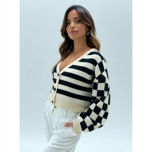 <span class=keywords><strong>Cardigan</strong></span> in cotone a maniche lunghe da donna con stampa a blocchi e a scacchi in bianco e <span class=keywords><strong>nero</strong></span> tessuto lavorato a maglia ricamato - Product Image 2