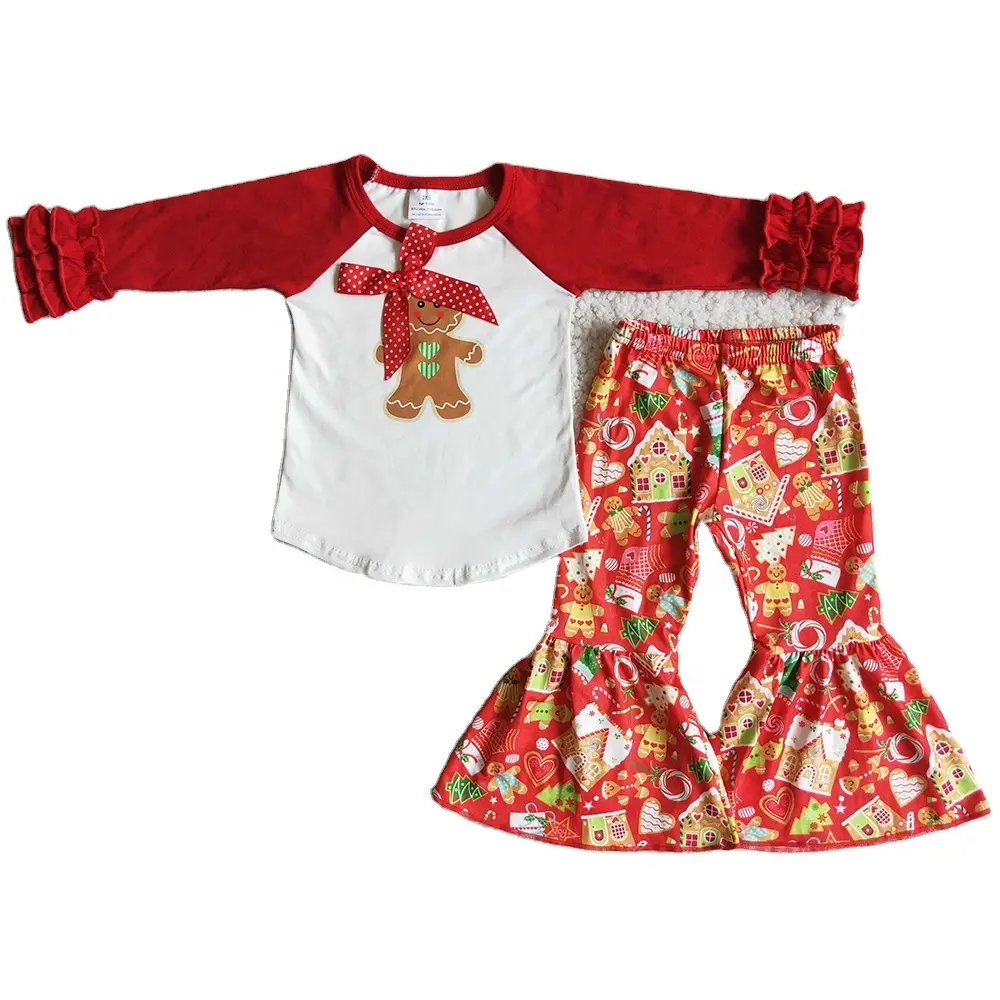 Hot Sale Kids Designer Clothes Girls Bell Bottom Outfits Gingerbread Fashion Girls Christmas Clothing Sets Wholesale Baby Outfit