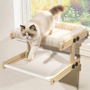 Perchoir pour chat à double niveau pour fenêtre, cadre en bois réglable avec coussin doux et chaud doublé de peluche, hamac pour chats d'intérieur - Product Image 2