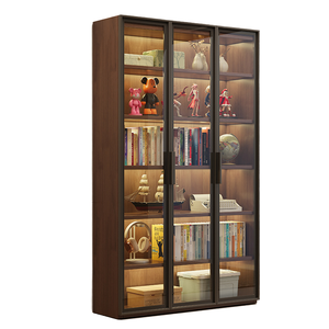 Libreria in Legno Massello con Ante in Vetro per Soggiorno, 5 Ripiani, Acciaio Inossidabile Regolabile, Mobile Moderno da Terra Antipolvere - Product Image 4