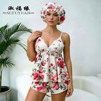 Ensemble de pyjama à imprimé floral P677 pour femmes, avec débardeur et short à dentelle, et bonnet de nuit, vêtements de nuit, vêtements de détente