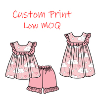 Zomer Hot Sale Bulk Casual 2-delige Set Baby Meisjes Zoete Zachte Bamboe Stof Mouwloze Peplum Blouse Shorts Op Maat Geprint Kleding