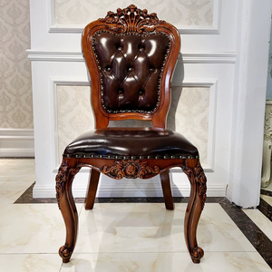 Ensemble de table à manger en bois de style français traditionnel, 6 chaises rembourrées en cuir, design sculpté antique, pour la maison, l'hôtel, la salle à manger - Product Image 5