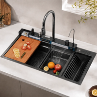 Évier de cuisine professionnel en acier inoxydable noir avec planche à découper en bois, panier égouttoir, égouttoir à vaisselle et double robinet OEM ODM
