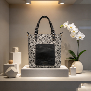 Women Geometric Pattern <b>Tote</b> <b>Bag</b> <b>Fabric</b> Faux Leather Splicing Handbag With Braided Handle And Detachable Shoulder Strap - Product Image 1
