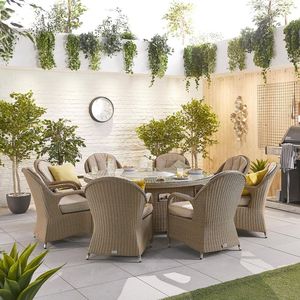 Silla y mesa de mimbre natural para exterior con balcón de fábrica, juego de comedor de ratán de 6 asientos Carolina para jardín con fogata de gas rectangular