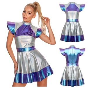 Vestido Metálico para Mujer, Estilo Futurista, Disfraz de Escenario Espacial, Falda Plisada, Cuello Alto, Hombros con Alas, Ropa para Fiesta Rave y Baile, Personalizado - Product Image 5