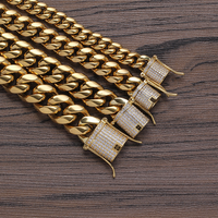 Collier à chaîne cubaine en acier inoxydable pour homme, bijoux avec fermeture en Zircon glacé, 8mm, 10mm, 12mm, 14mm