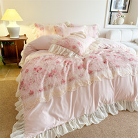 Ensemble de literie en coton lavé style princesse française, 4 pièces, broderie en dentelle, housse de couette à volants, ensemble de draps