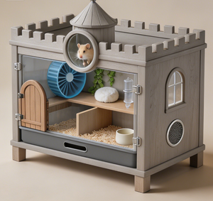 Cage pour hamster en bois massif, thème Château de conte de fées, <span class=keywords><strong>avec</strong></span> tour unique, fenêtres en acrylique et plateau de forage profond - Product Image 1