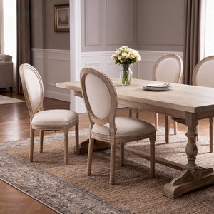 Juego de 2 sillas de comedor con respaldo ovalado, tapizadas en lino, con estructura de madera maciza estilo francés, color beige - Product Image 3
