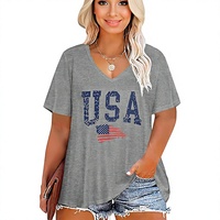 Kaos Wanita V-Neck Lengan Pendek Motif Bendera Amerika Serikat Kasual Musim Panas Bahan Polyester/Katun Cepat Kering & Bernapas