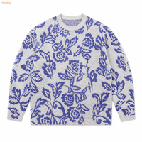 OEM ODM Herren Vintage Blau-Rosafarbener Jacquard-Strickpullover mit Rundhalsausschnitt und Langen Ärmeln, Individuelles Logo, Großhandel-Hersteller