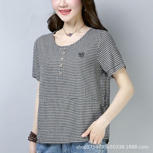 Red And Black Plaid Short Sleeve T-Shirt Women Summer Round Neck Cotton Woven Shirt Slim Fit Base Top - Product Image 2