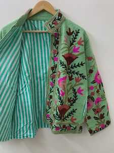 <b>Green</b> Embroidery TNT Suzani <b>Velvet</b> Handmade Animal Print Winter <b>Jacket</b> with Button Cotton Filling Boho Outerwear Gift for Her - Product Image 5