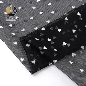 Customized high quality printed silver gray heart patterned black polyester tulle mesh fabric for dress
